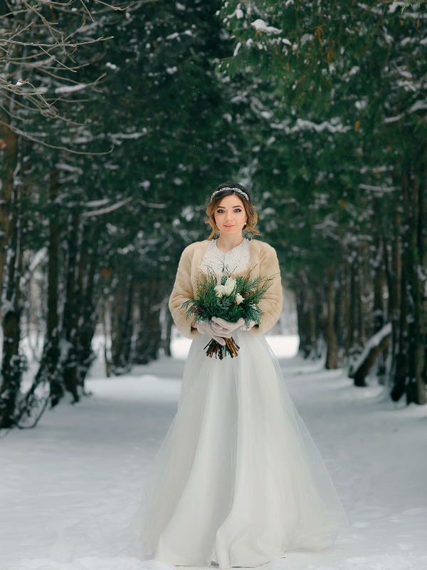 Невеста в зимнем сосновом лесу фото