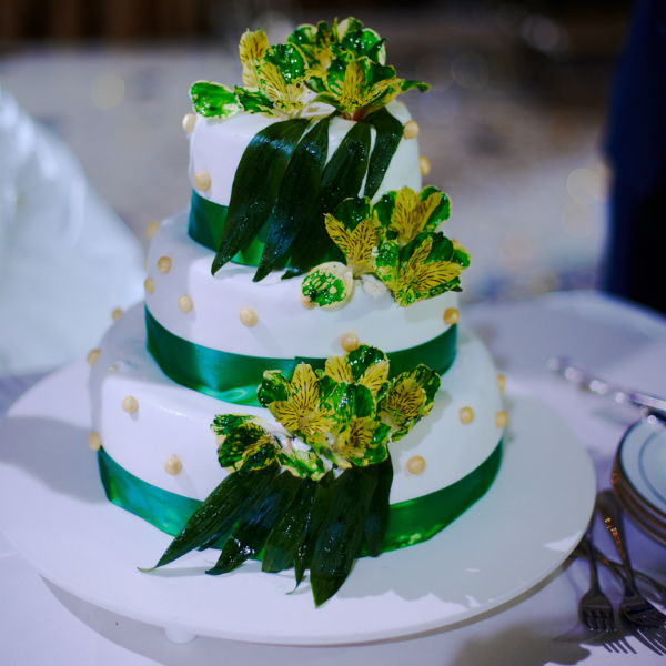 Белый торт с зелеными лентами фото